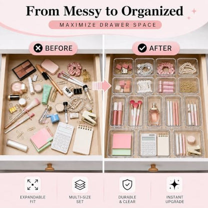 Adjustable Clear Drawer Storage Organizer, 16 Pack 3 Sizes Expandable