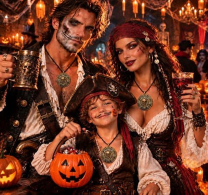 Halloween Pirate Skull Coin Necklace for Men Women Costume Jewelry