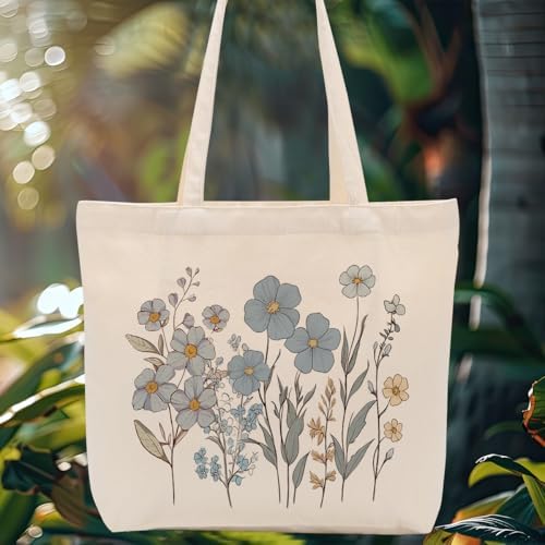 Aesthetic Floral Canvas Tote Bag for Women with Pocket, Tote Bags for