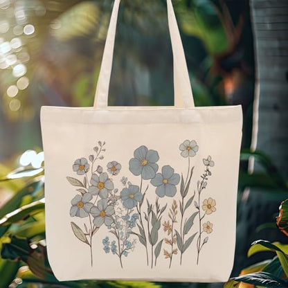 Aesthetic Floral Canvas Tote Bag for Women with Pocket, Tote Bags for