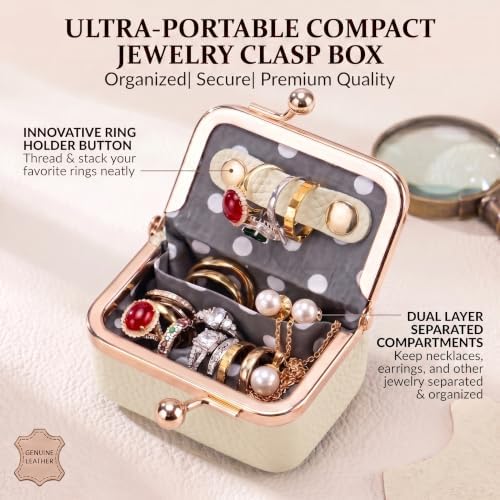 Genuine Leather Mini Travel Jewelry Box Kiss Lock Closure (White)