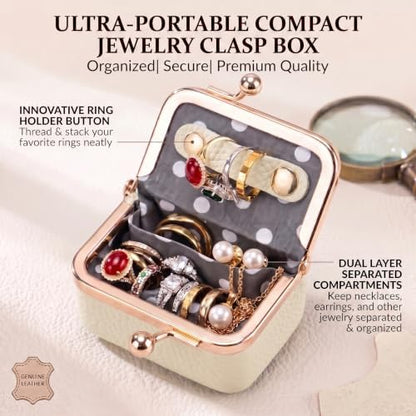 Genuine Leather Mini Travel Jewelry Box Kiss Lock Closure (White)