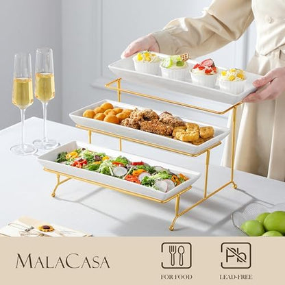 MALACASA 3 Tier Serving Trays for Party, 14 Inch Porcelain White Trays