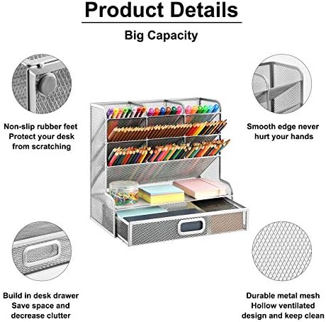 Marbrasse Larger Mesh Desk Organizer with Drawer, Multi-Functional Pen