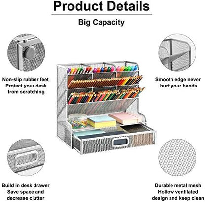 Marbrasse Larger Mesh Desk Organizer with Drawer, Multi-Functional Pen