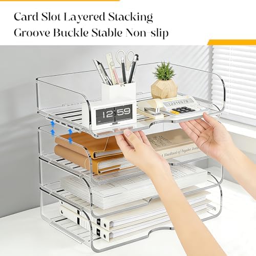 HIYOHIYO Clear Office Desk Organizer for A4 Letter Paper, 4 Tier
