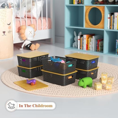 Ohmlove 6 Pack Plastic Storage Baskets with Bamboo Lids for