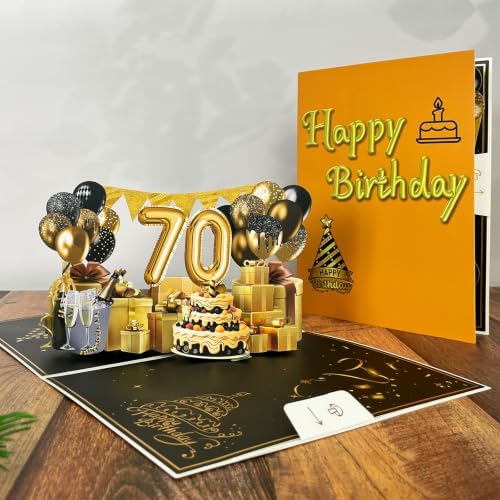 70th Birthday Pop Up Card, Elegant Black Gold 3D Design