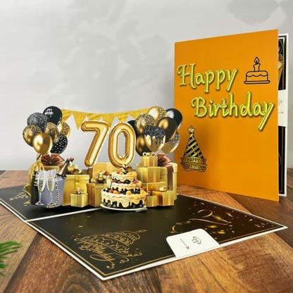 70th Birthday Pop Up Card, Elegant Black Gold 3D Design