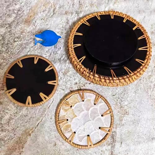 6" Mini Lazy Susan Turntable with 2 Rattan Coasters – Mother of Pearl