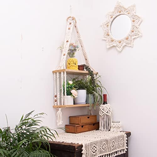 TENEWEE Boho Wall Hanging Shelves Macrame Floating Plant Photos Wood