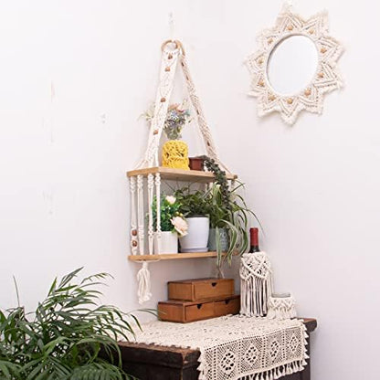 TENEWEE Boho Wall Hanging Shelves Macrame Floating Plant Photos Wood