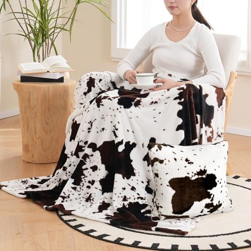 Vessia Throw Blanket Cow Black and Brown with Pillow Cover for Couch