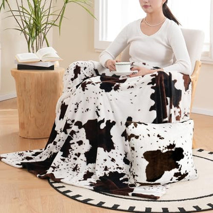 Vessia Throw Blanket Cow Black and Brown with Pillow Cover for Couch