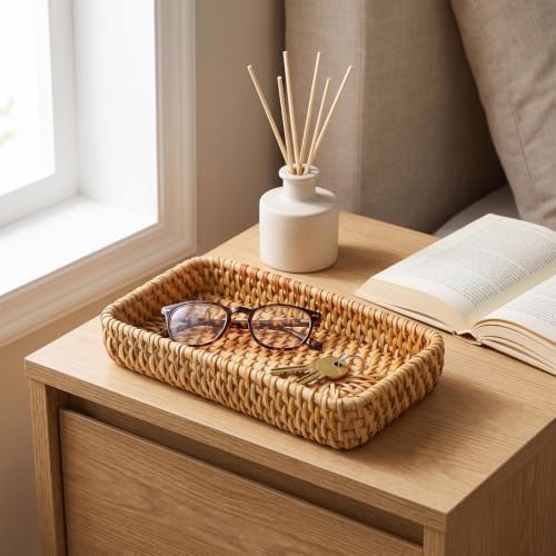 Rattan Serving Tray for Keys, Natural Small Wicker Tray Small Remote
