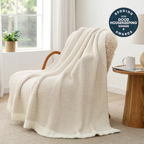 Snuggle Sac Buttery Ivory Throw Blanket for Couch, Reversible Super