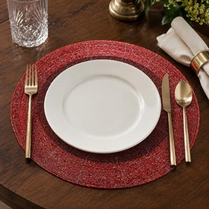 Beaded Placemats Set of 4, 13 Inch Round Red Charger Mats for Dining