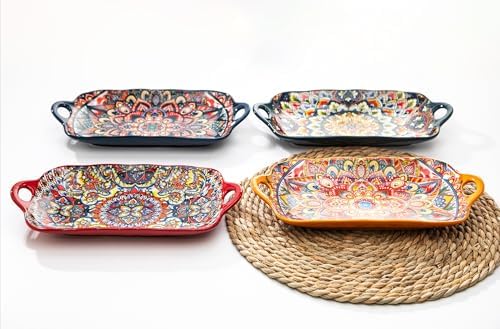 Boho Ceramic Serving Platters with Handles Set of 4, 12Inch Large
