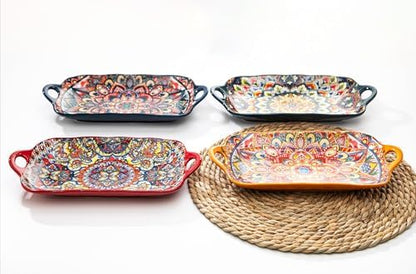 Boho Ceramic Serving Platters with Handles Set of 4, 12Inch Large