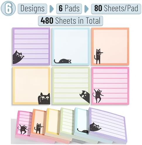 Mr. Pen- Black Cat Sticky Notes Set, 3" x 3", 6 Pads, 480 Sheets