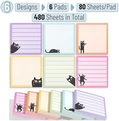 Mr. Pen- Black Cat Sticky Notes Set, 3" x 3", 6 Pads, 480 Sheets