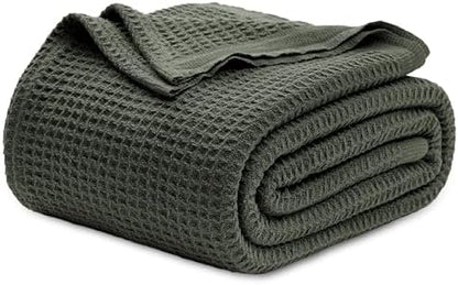 Bedsure 100% Cotton Blanket, Waffle Weave, King Size, Olive Green