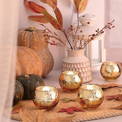 Volens Round Gold Votive Candle Holders, Mercury Glass Votives Set of