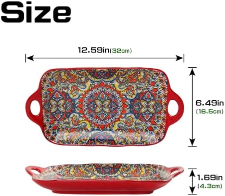 Boho Ceramic Serving Platters with Handles Set of 4, 12.59 Inch Large