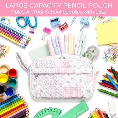 WOBAGMEN Quilted Pencil Pouch for Girls Women, Large Pencil Case Pouch