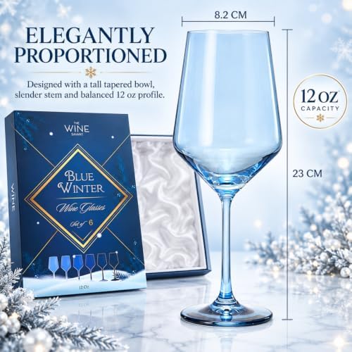 Winter Blue Christmas Wine Glasses Set of 6 Colored Crystal 12oz Navy