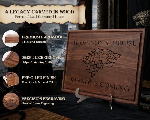 Personalized Direwolf Crest Cutting Board, Custom Engraved with Family