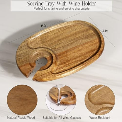 Wine Glass Holder Plates – Acacia Wooden Appetizer & Snack Plates for