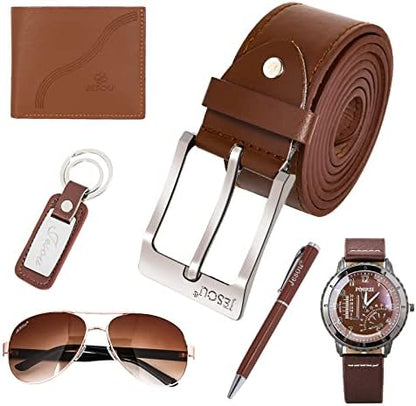 6pcs Men's Gift Set with Box Brown Leather Belt Wallet Watch Glasses
