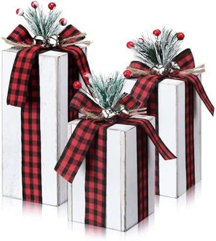 Amyhill 3 Pcs Christmas Wooden Gifts Box Decor Christmas Plaid