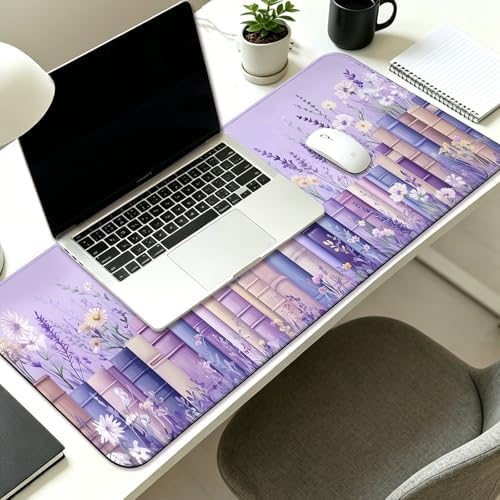 Pretty Wildflower and Book Gaming Desk Mat & Mouse Pad, Purple, XL
