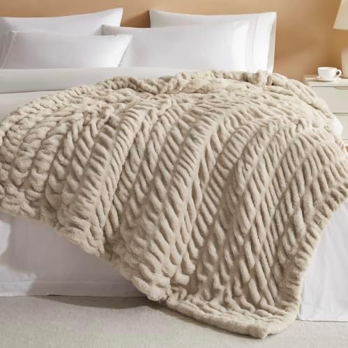 palassio Double-Sided Ruched Faux Fur Throw Blanket, Oatmeal, 50" x