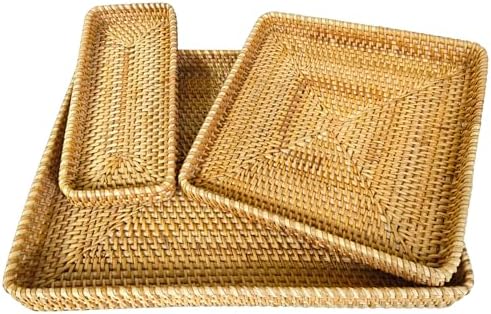 i-lan 17 x 13 Oversized Rattan Serving Tray Set of 3, Woven Wicker