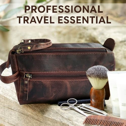 Leather Toiletry Bag for Men - Full Grain Travel Dopp Kit & Shaving