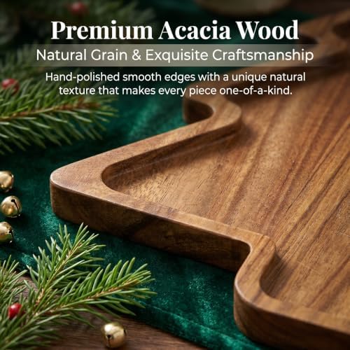 Acacia Wood Christmas Tree Charcuterie Board Tray Platter, Xmas