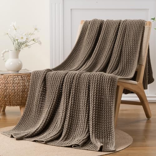 Knitted Waffle Throw Blanket, Camel Tan Throw Blanket for Couch