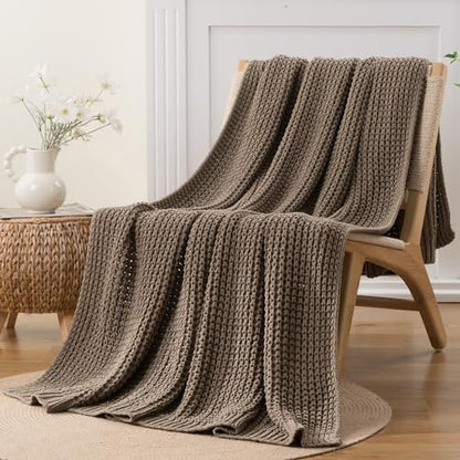 Knitted Waffle Throw Blanket, Camel Tan Throw Blanket for Couch