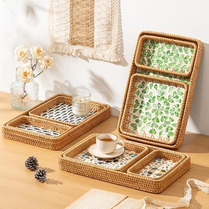 Set of 3 Rattan Serving Trays with Mother of Pearl, Terrekraft