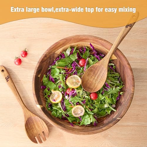 Wooden Salad Bowls with Serving Utensils, Large 12.5" Acacia Wooden