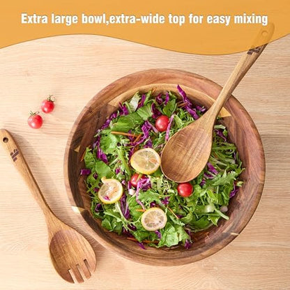 Wooden Salad Bowls with Serving Utensils, Large 12.5" Acacia Wooden