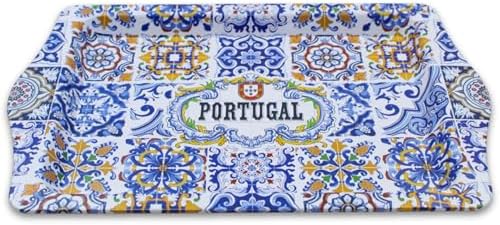 Portugal Azulejo Tile Small Metal Serving Tray with Handles