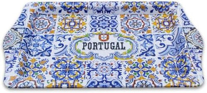 Portugal Azulejo Tile Small Metal Serving Tray with Handles