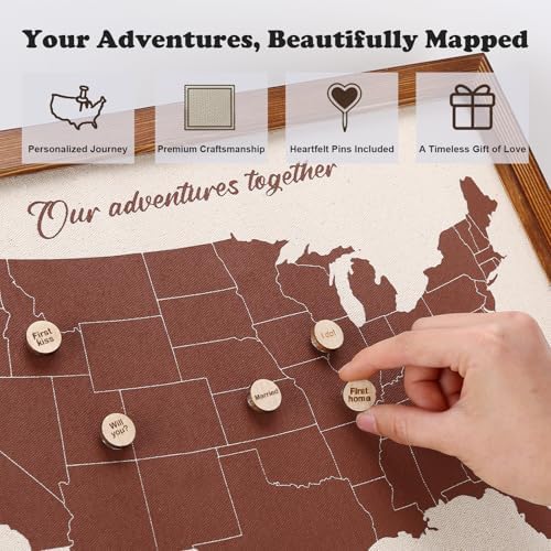 USA Travel Map with 21 Pins, Anniversary Wedding Gift Husband or Wife