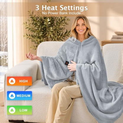 Cordless Faux Rabbit Fur Heated Wearable Blanket Shawl Battery Powered
