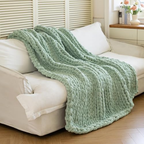 Chunky Knit Throw Blanket for Couch,40x50 Inches Sage Green