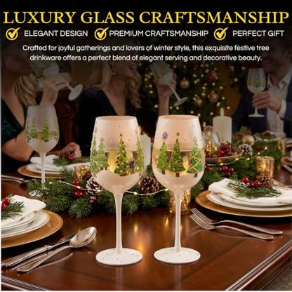 Holiday Christmas Tree Stemmed Wine Glasses Set Of 2 17.5Oz Festive